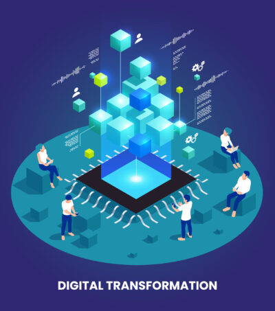 Digital transformation and digitalization isometric composition with microchip and abstract computer symbols vector illustration
